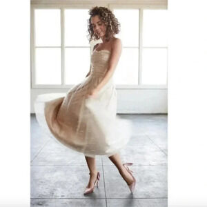 BHLDN Anya Midi Dress Gold Pearl Tulle Champagne Wedding Guest Neutral